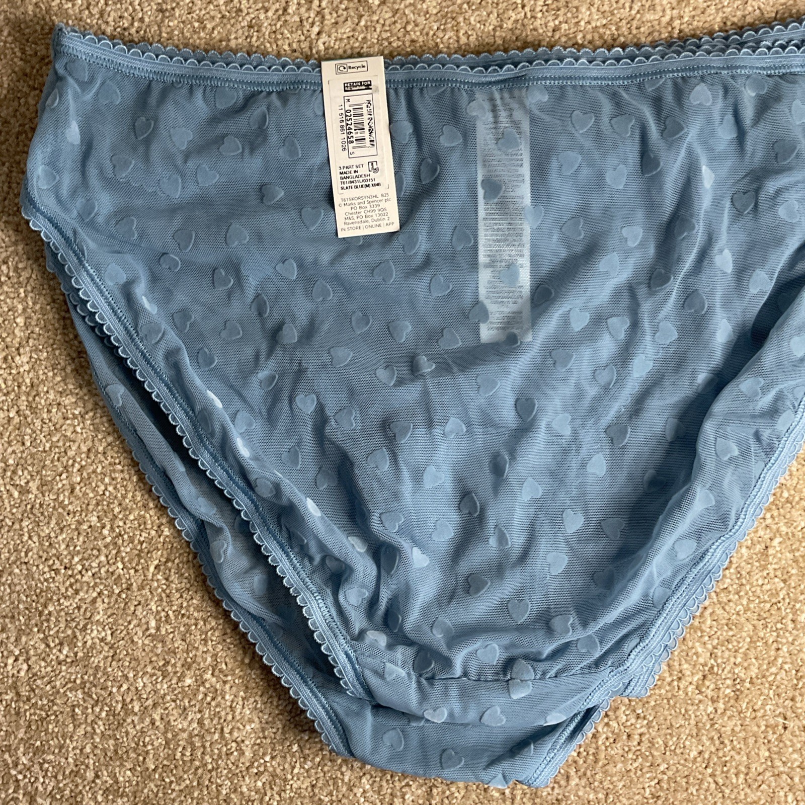 M&S 3 PACK Size Medium 12-14 Ladies High Legs Knickers Slate Blue M Mesh Hearts