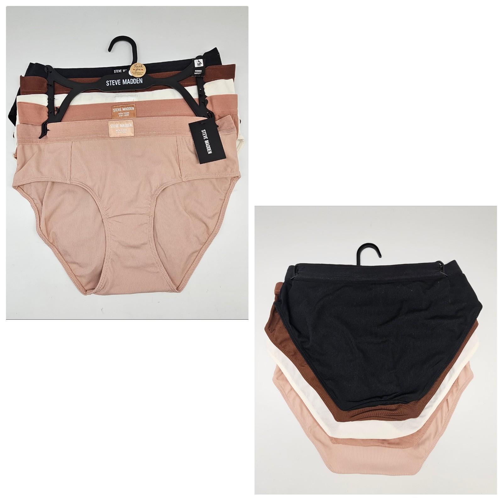 STEVE MADDEN 5 Pack Womens M L XL Ribbed Micro Hipster Panties Black Brown Beige