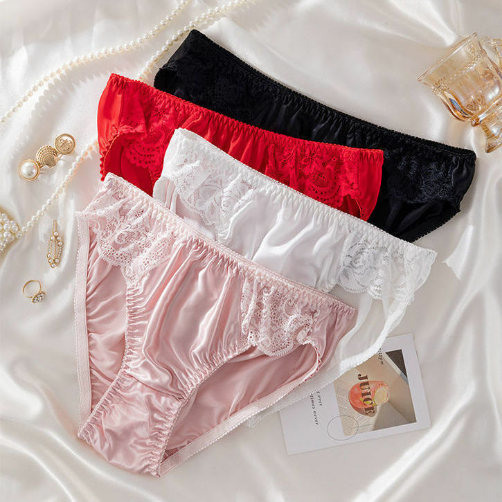 4 Pairs Girls 100% Silk Panties Lace Knickers Naughty Panties For Women Briefs