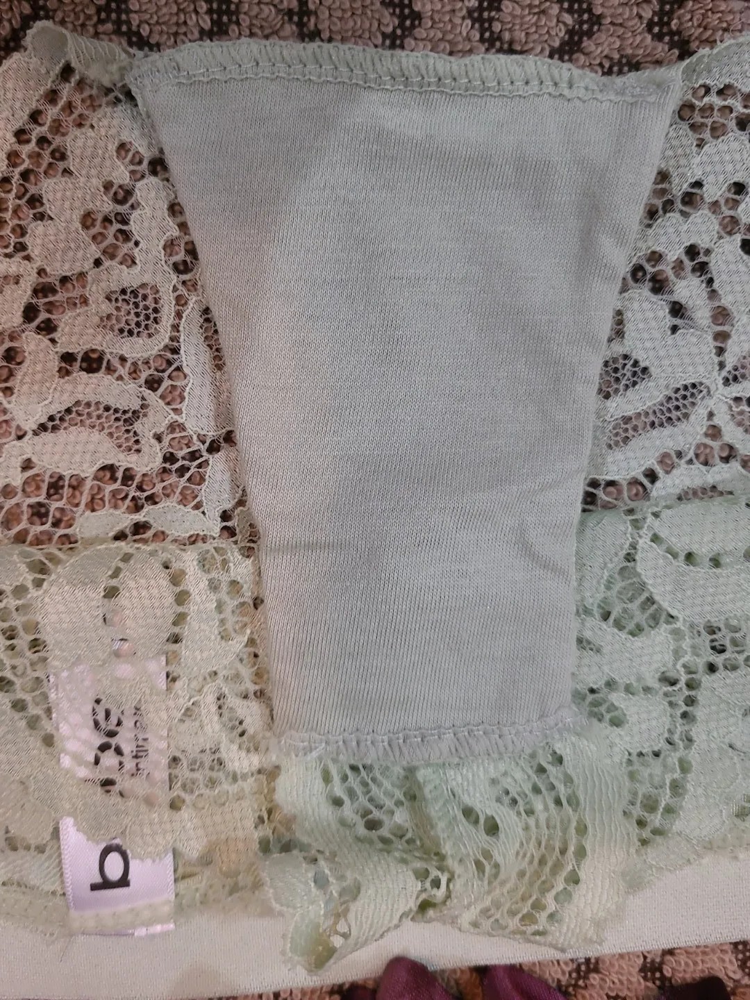 BEBE LOGO Sexy Sheer Lace SeXY Green Lace Cheeky Tanga Panties L/7 nwot
