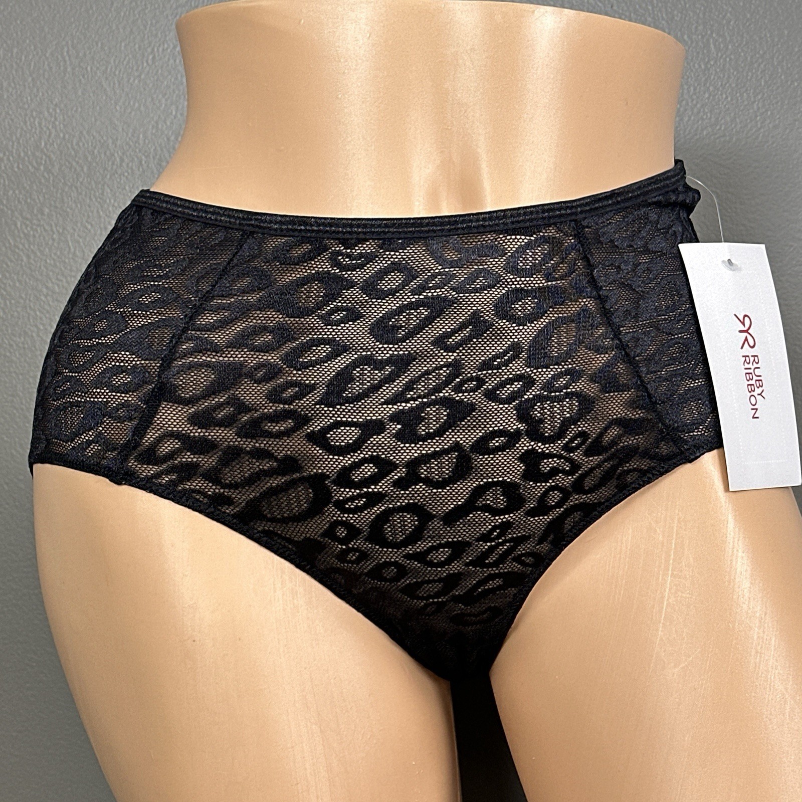 Ruby Ribbon Allure Brief 1782 Small Black Sheer Lace Leopard Panty NWT Stretch