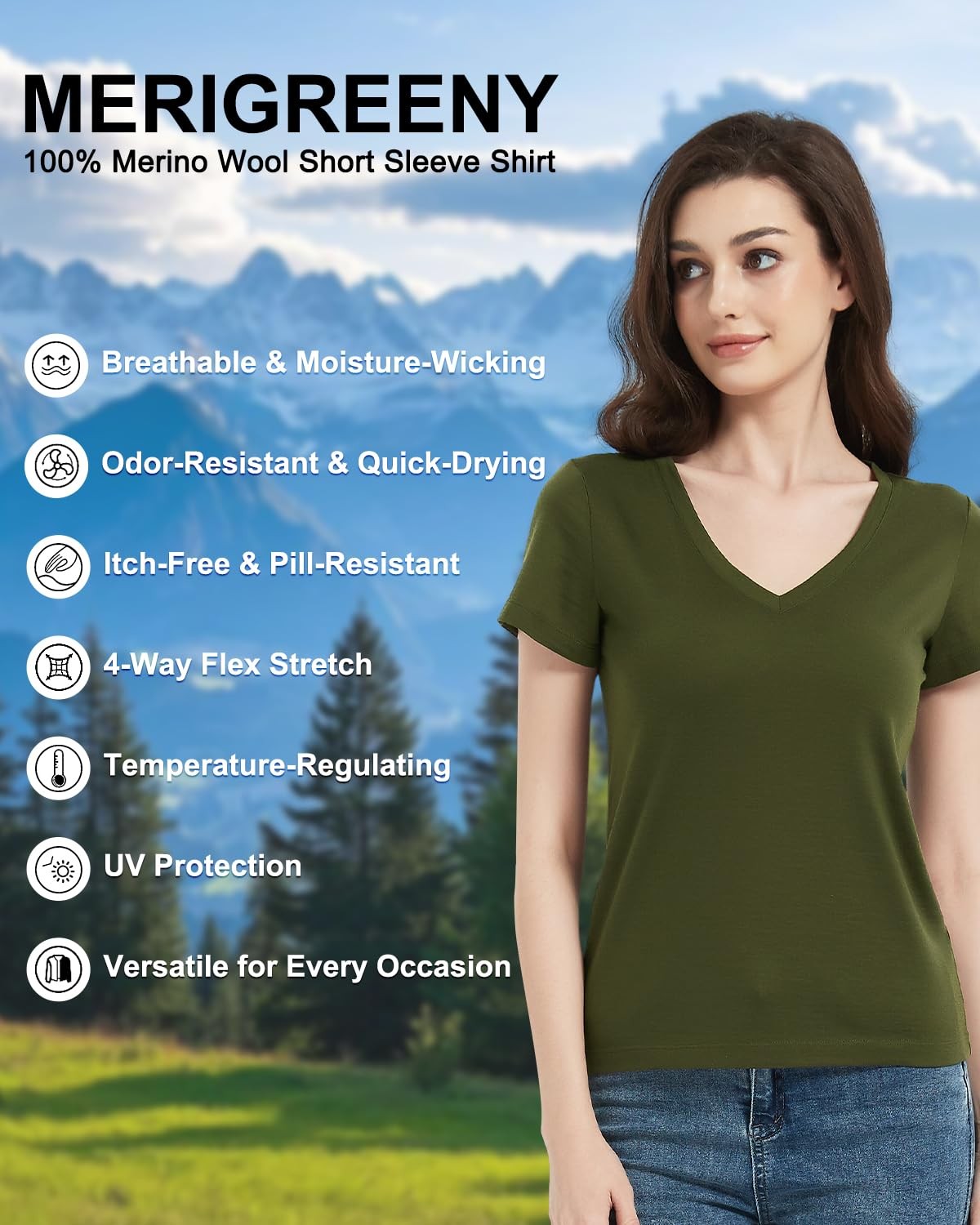 Women’s 100% Merino Wool T-Shirt, V Neck Lightweight Moisture-Wicking Athleti…
