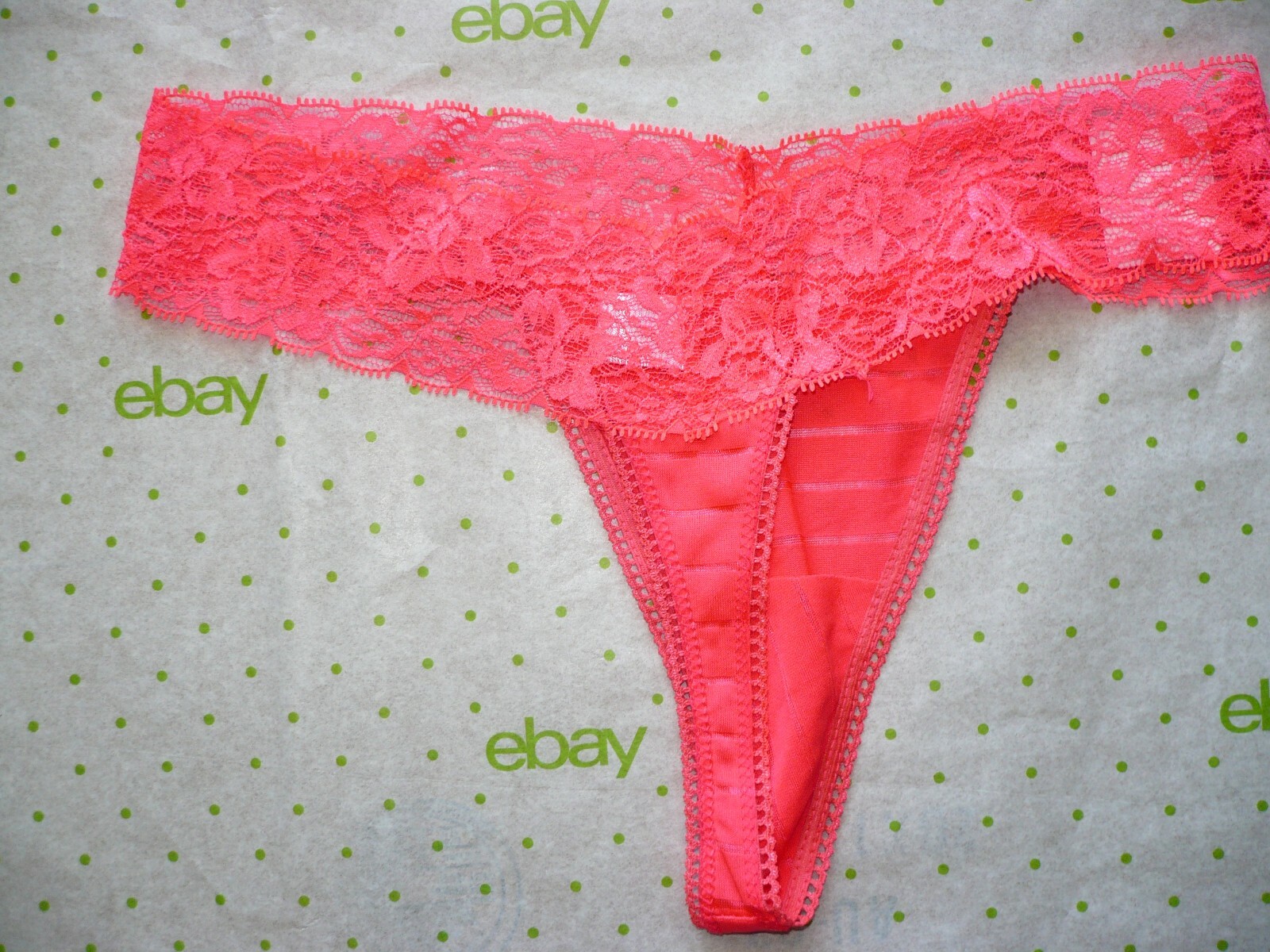 Rue 21 Women’s Thong Panties SMALL Neon Bright Coral Lace Waist VIBES