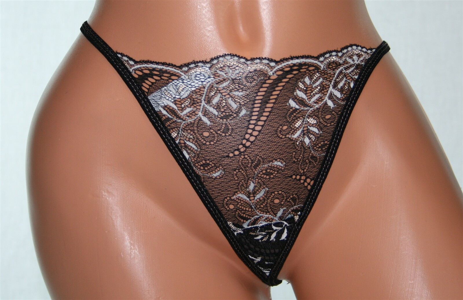 Black Sheer Lace Thong with White & Beige Leaves & 2 colour Stitching Free Size