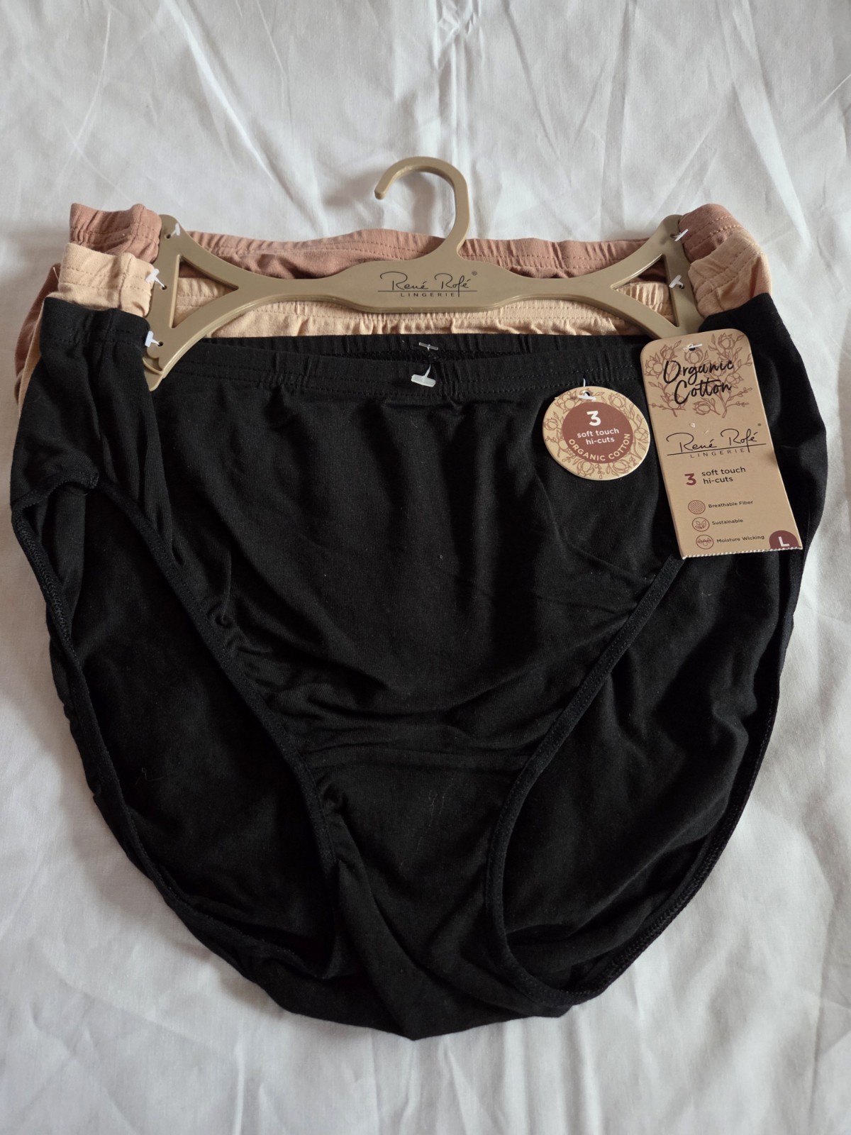 Rene Rofe Organic Soft Hi-cut Cotton Panties Trio – Black, Tan, Brown Size L New