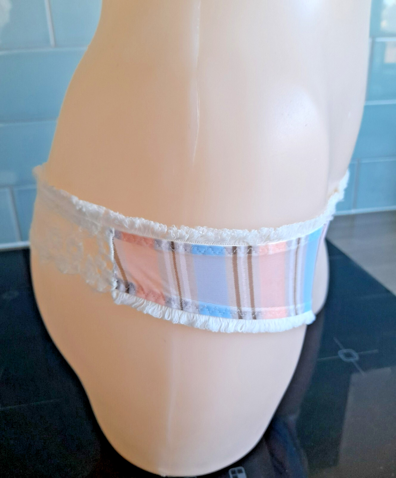 Sielei Sheer Striped Mesh/Lace Panels Blue/Brown/Peach/Ivory Thong Fringe Trim S