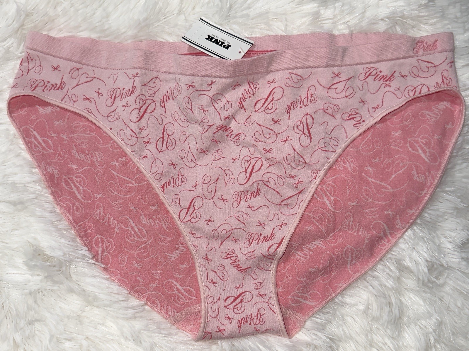NWT VICTORIAS SECRET PINK XL RED HEART SEAMLESS HIPHUGGER PANTIES LOGO SCRIPT VS