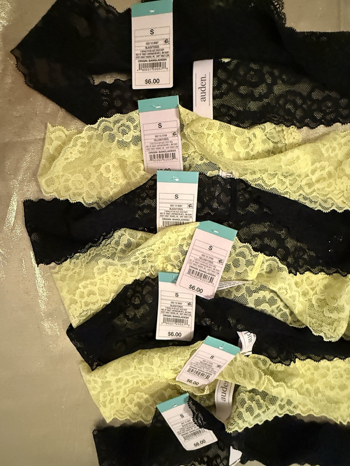NWT 7 Pack Auden Lace Stretchy Thong Panties Black Yellow Size Small (4-6)