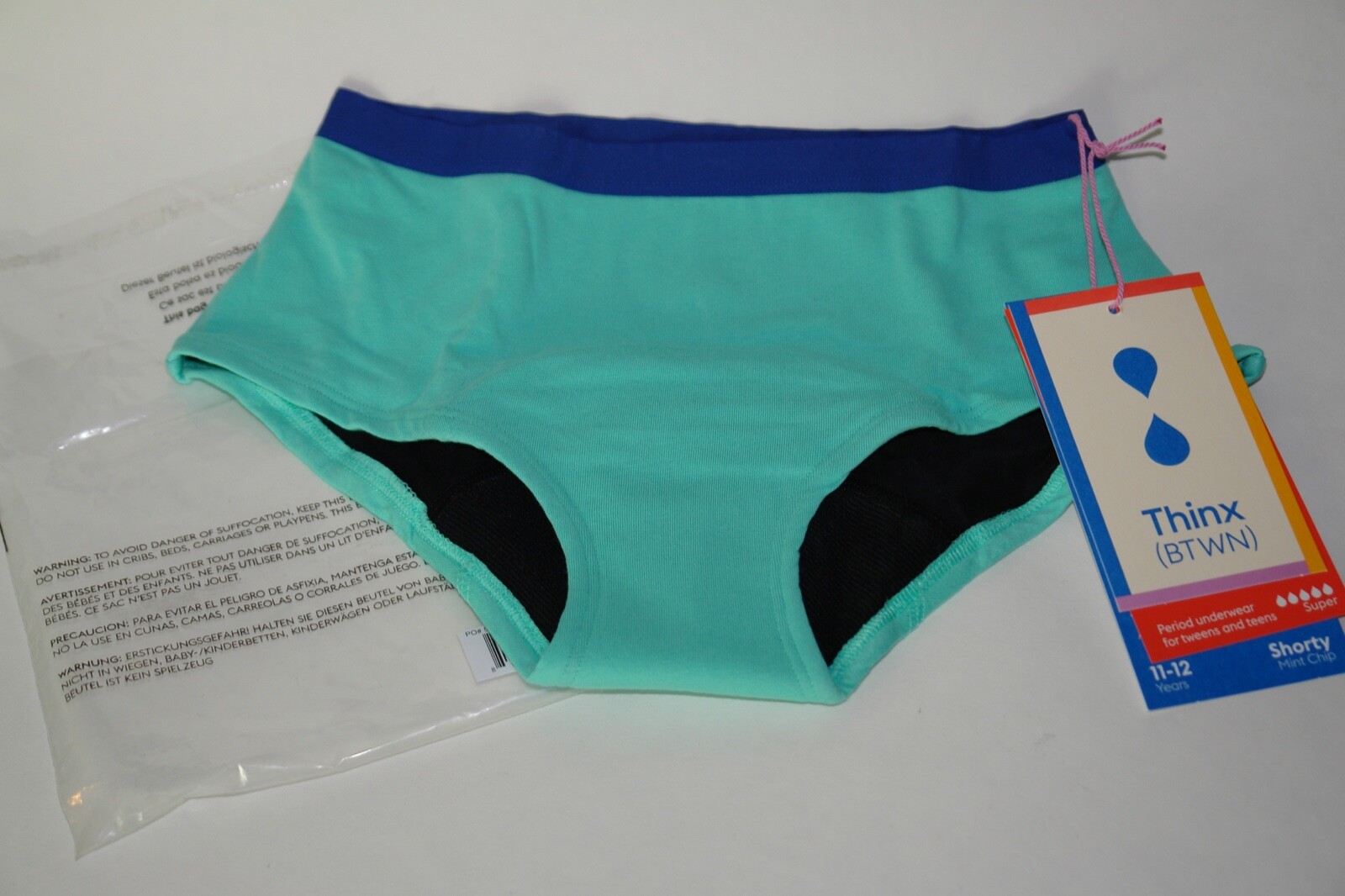 NWT Thinx BTWN Teen Super Shorty Period Underwear Mint Chip Green Size 11-12