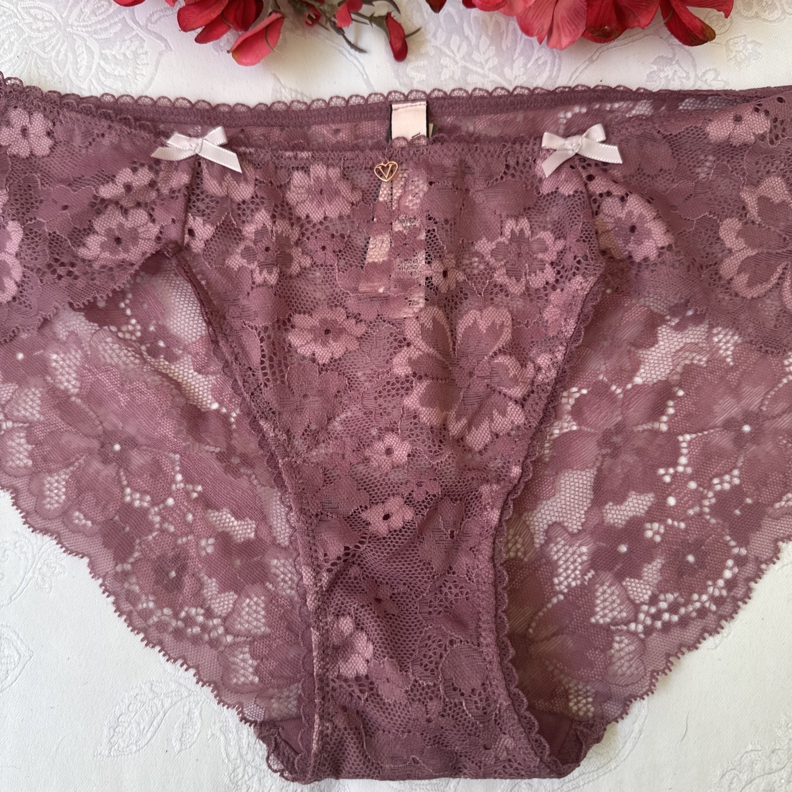 VICTORIA’S SECRET L MAUVE PINK PURPLE HIPSTER HIPHUGGER LACE PANTIES NWT