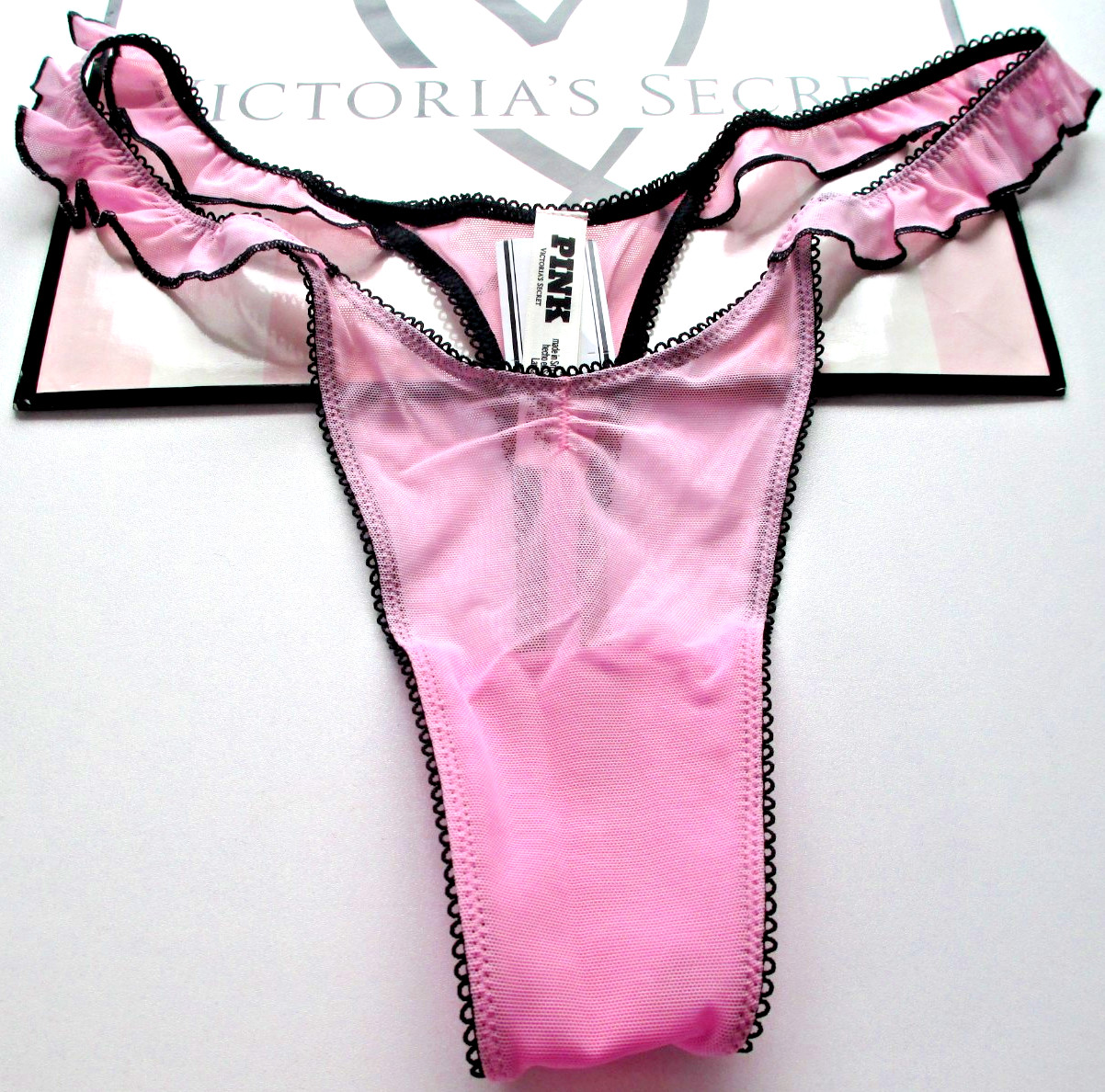 VICTORIA’S SECRET PINK High Leg Thong Panty S M L Pink Black NWT Ruffle Mesh VS