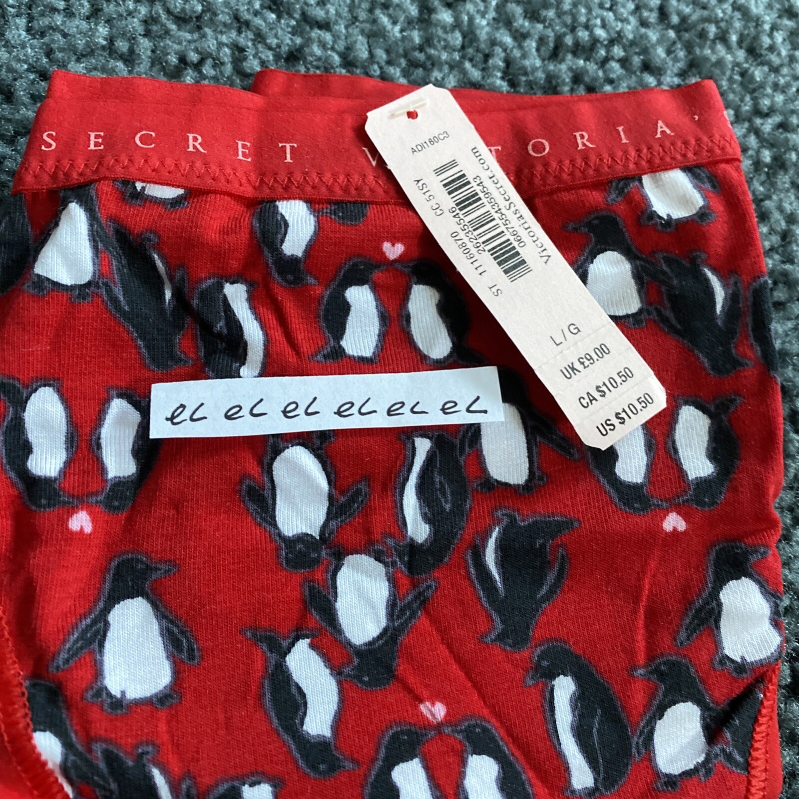 NWT Victoria’s Secret Cotton Strap String Bikini Panty, Red Penguin , Size L,