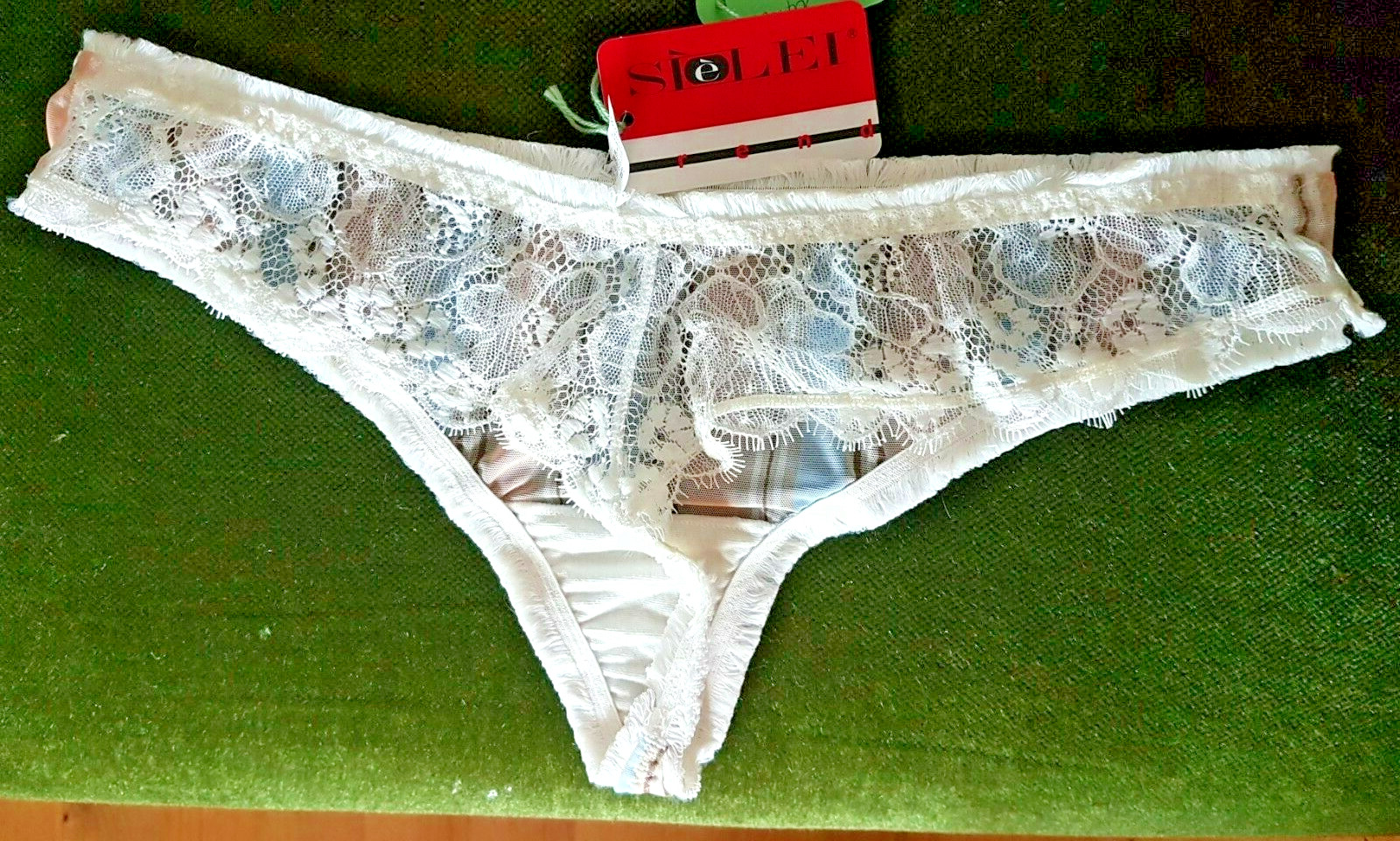 Sielei Sheer Striped Mesh/Lace Panels Blue/Brown/Peach/Ivory Thong Fringe Trim S