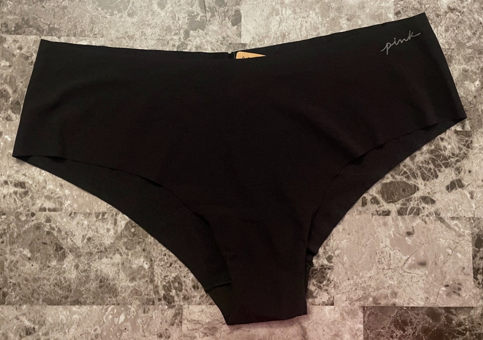 NWT VICTORIA’S SECRET PINK XL BLACK GRAY LOGO RAW EDGE NO SHOW CHEEKSTER PANTIES