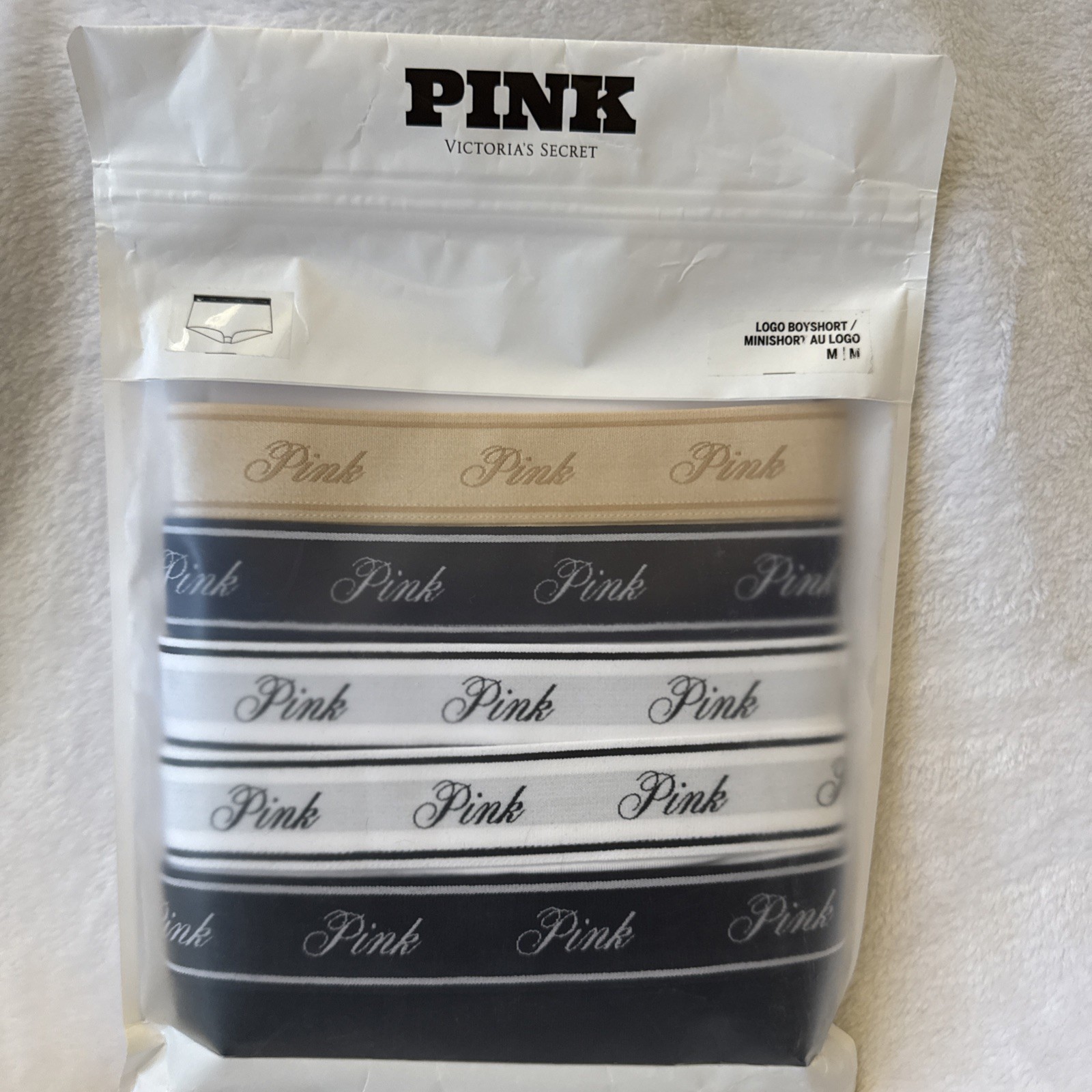 Victoria Secret PINK BOYSHORT Logo Panty 5 Pk Beige Black Navy White Grey ~ M