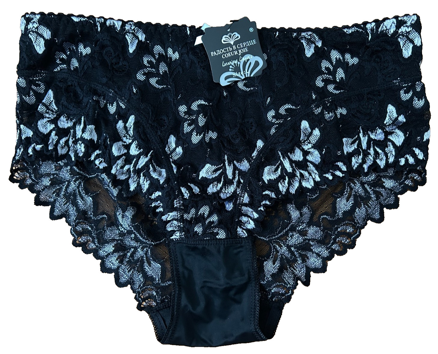Womens M/L Black Floral Lace High Waisted Panties Seamless Back Two Tone Briefs