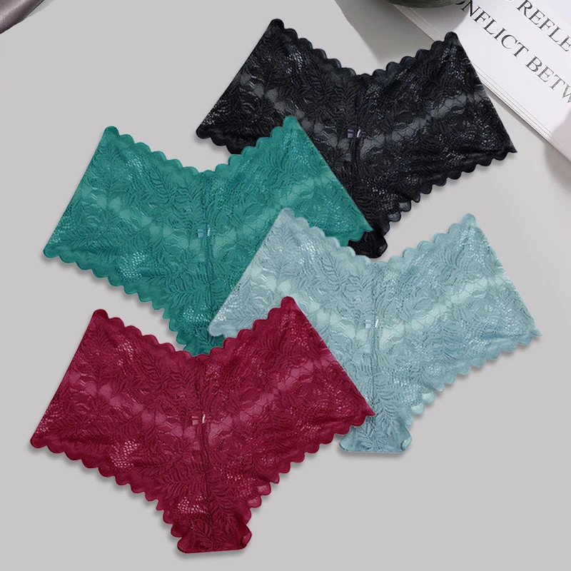 Lace Boyshort Panties Low Rise Breathable Hollow Out 4PCS Women Underwear