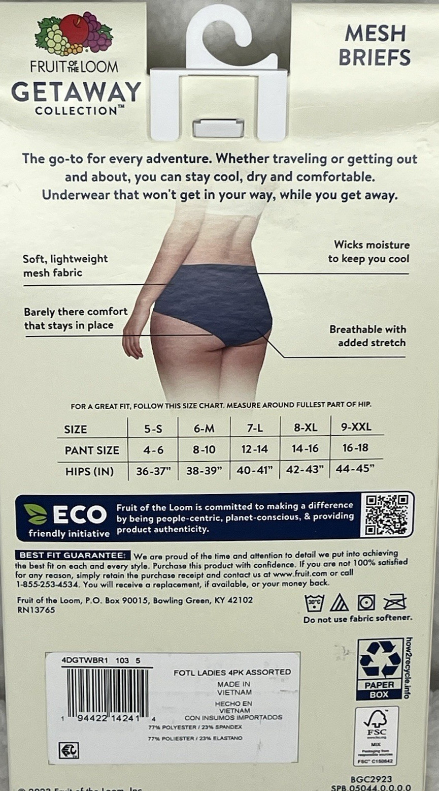 Fruit of the Loom Getaway Women’s Briefs Mesh SZ 5 Small 4-Pk Cooling Quick Dry