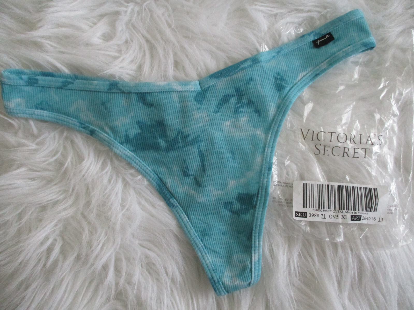 Victoria’s Secret PINK Thong Panties Teal & White Tie Dye Ribbed Size XL NWT