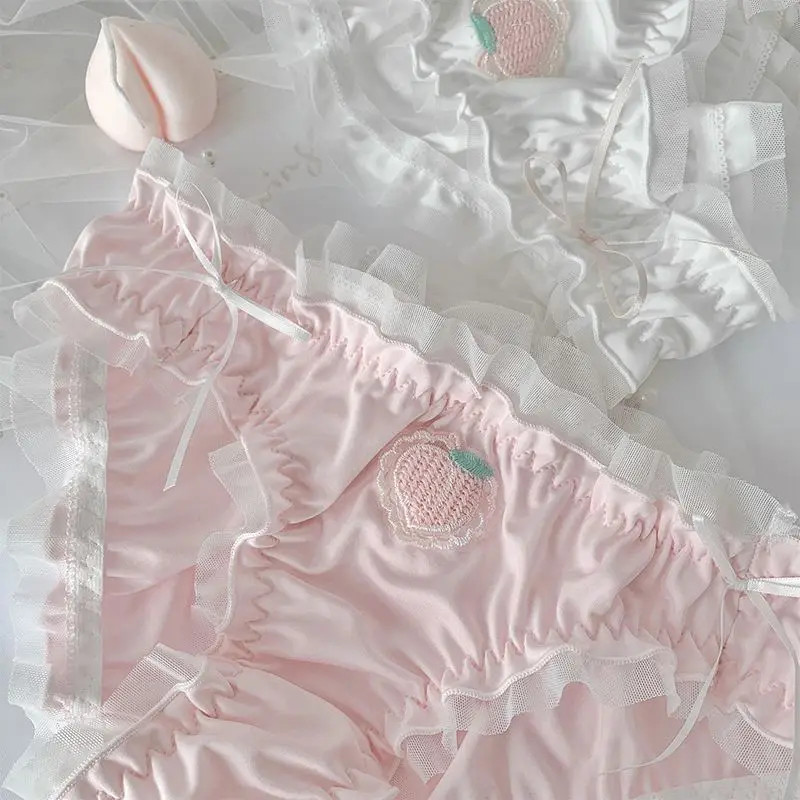 Strawberry Panties Women Satin Sweet Ruffle Briefs Cute Peach Kawaii Underwear
