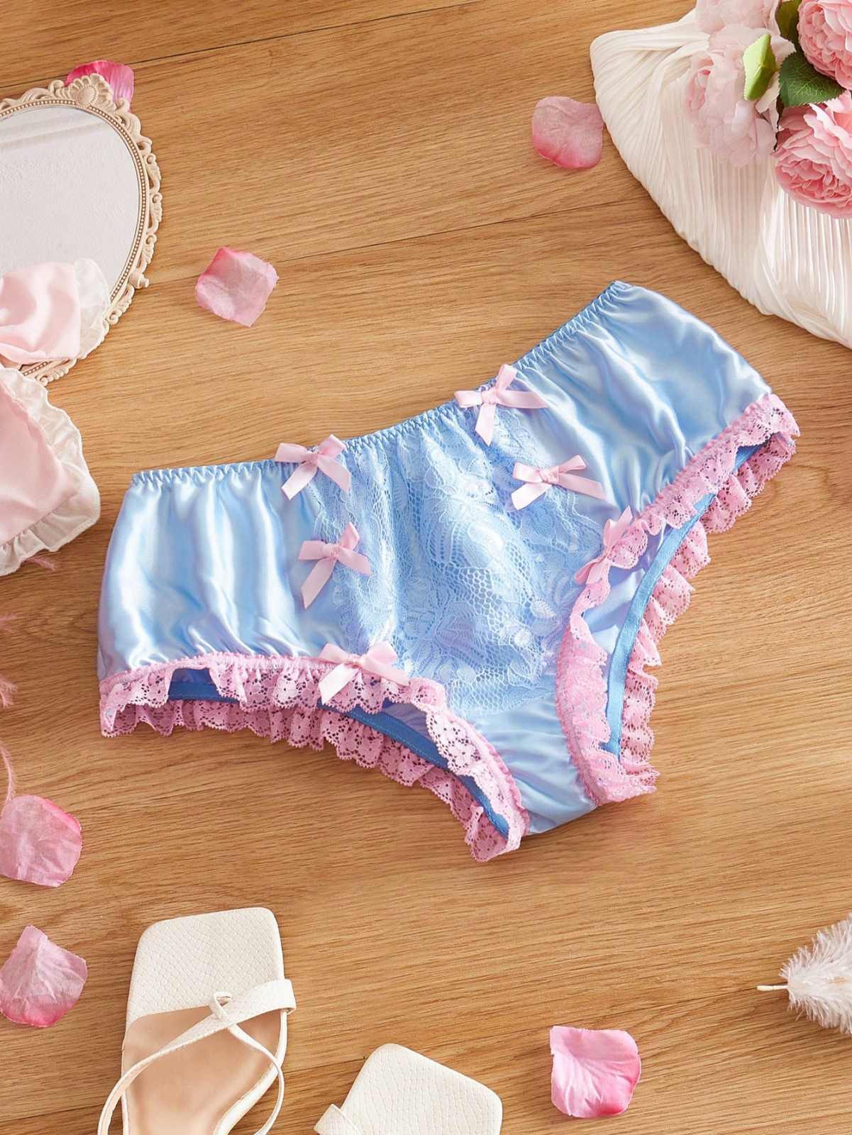 Women’s Sissy Baby Blue Pink Satin Sexy Cute Frilly Lolita Lace Brief Panty