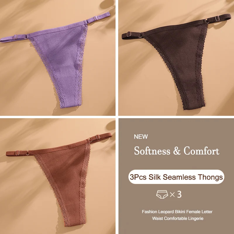 Low Rise Thong Panties Cotton Seamless Stretch Breathable Adjustable Fit 3PCS