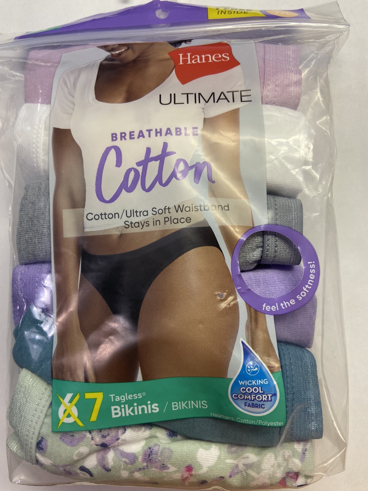 Hanes Ultimate Cool Comfort Cotton 7 Pk Cooling Bikini Panty Multi 42H7CC Sz.7/L