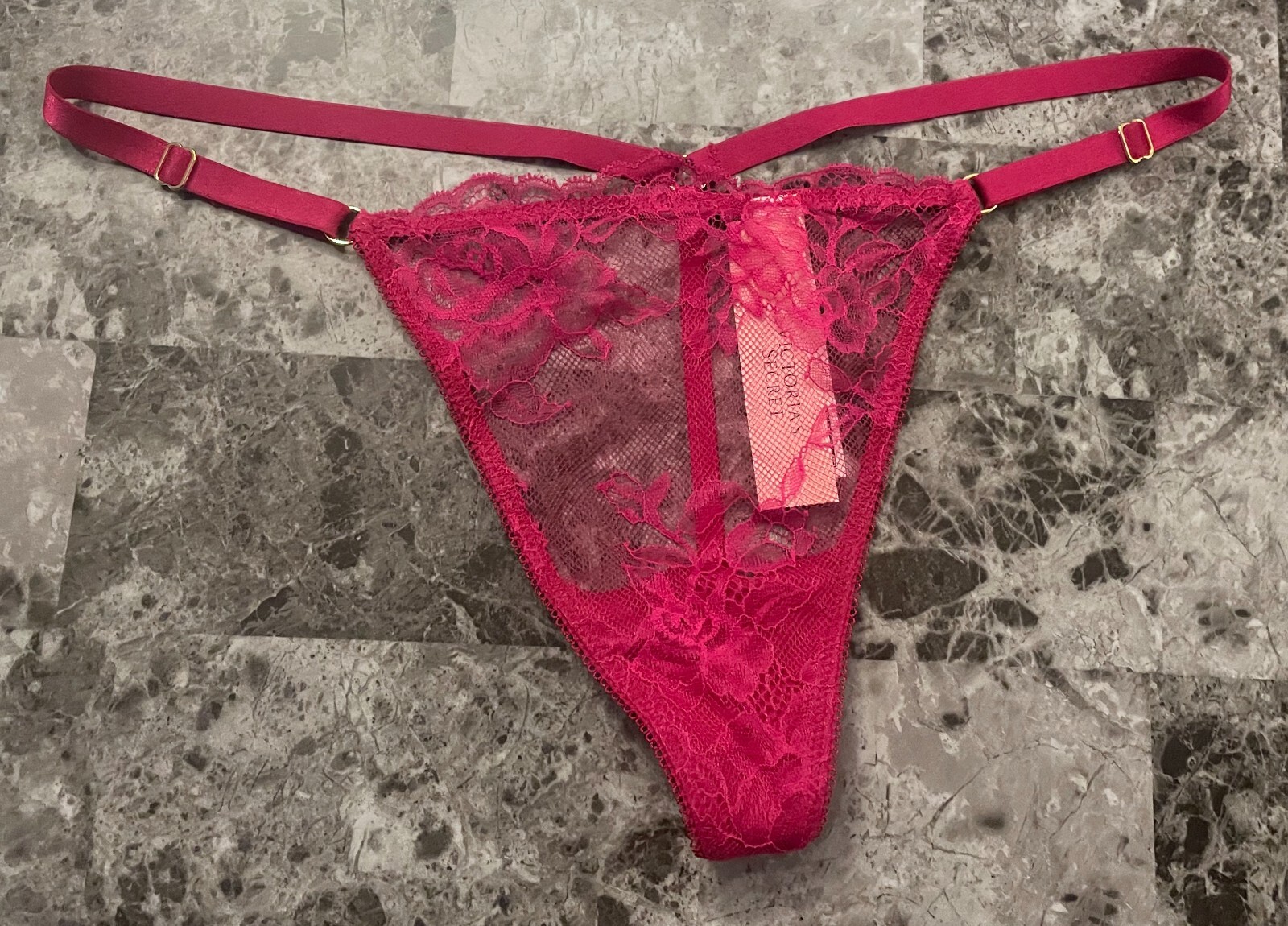 NWT VICTORIA’S SECRET PINK FLORAL LACE GOLD ADJUSTABLE STRAP V STRING PANTIES