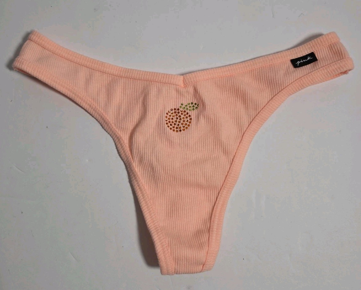 NWT VICTORIA’S SECRET PINK S ORANGE PEACH RHINESTONE RIBBED KNIT THONG PANTIES