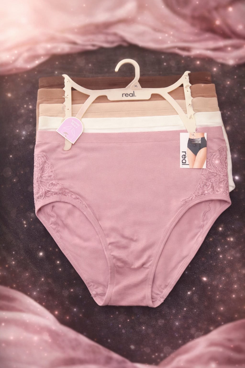 Real. Women’s High Waist Lace Inset Brief Panties 5-Pack Nude Tones Size XL