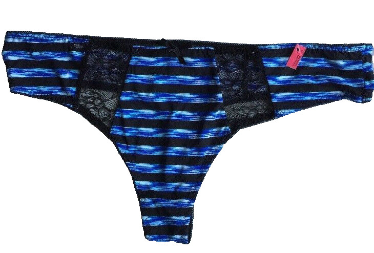 Womens Multi Blue Black Stripes Thong Panties Size 3X/10 Sheer Lace Front Insets