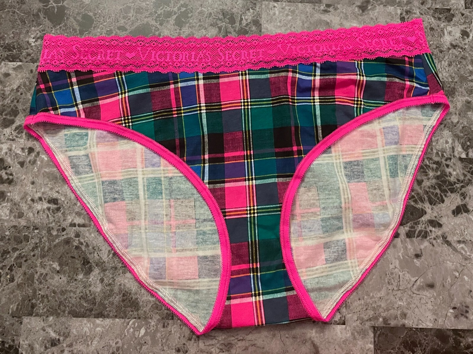 NWT VICTORIA’S SECRET LARGE PINK GREEN BLUE PLAID LOGO LACE RARE BRIEF PANTIES