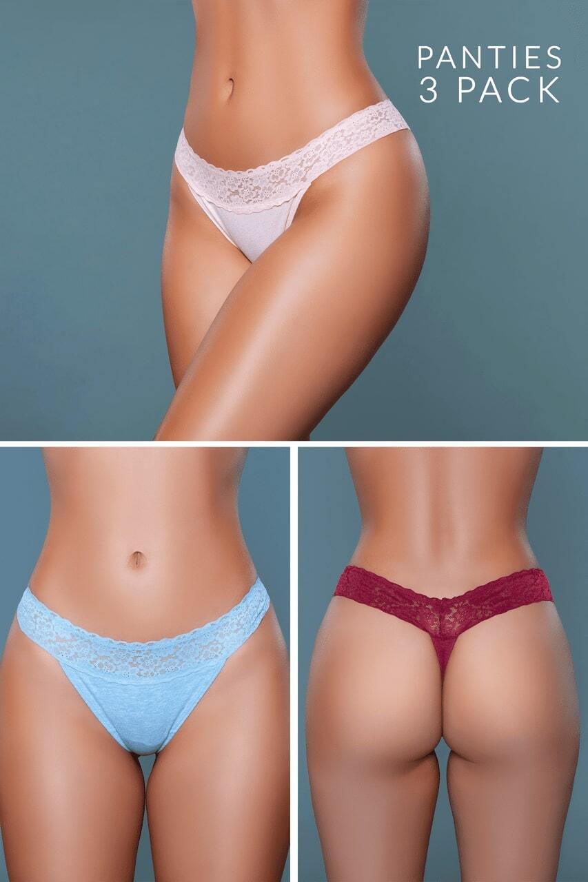BeWicked Asher 3pk Low Rise Breathable Jersey Thongs with Floral Lace Design