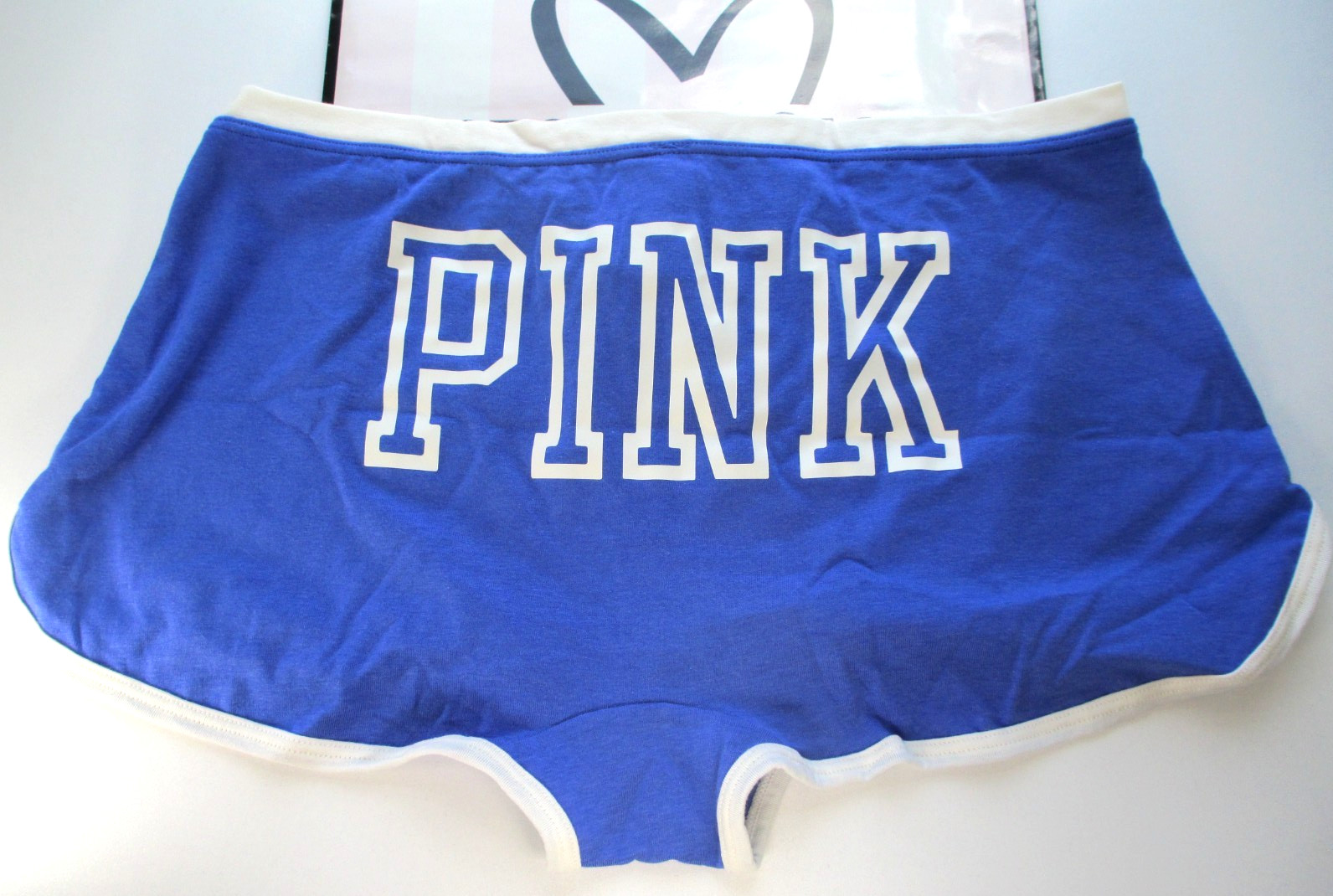 VICTORIA’S SECRET PINK Cotton Boyshort Panty XL Blue NWT White Trim VS Logo Back