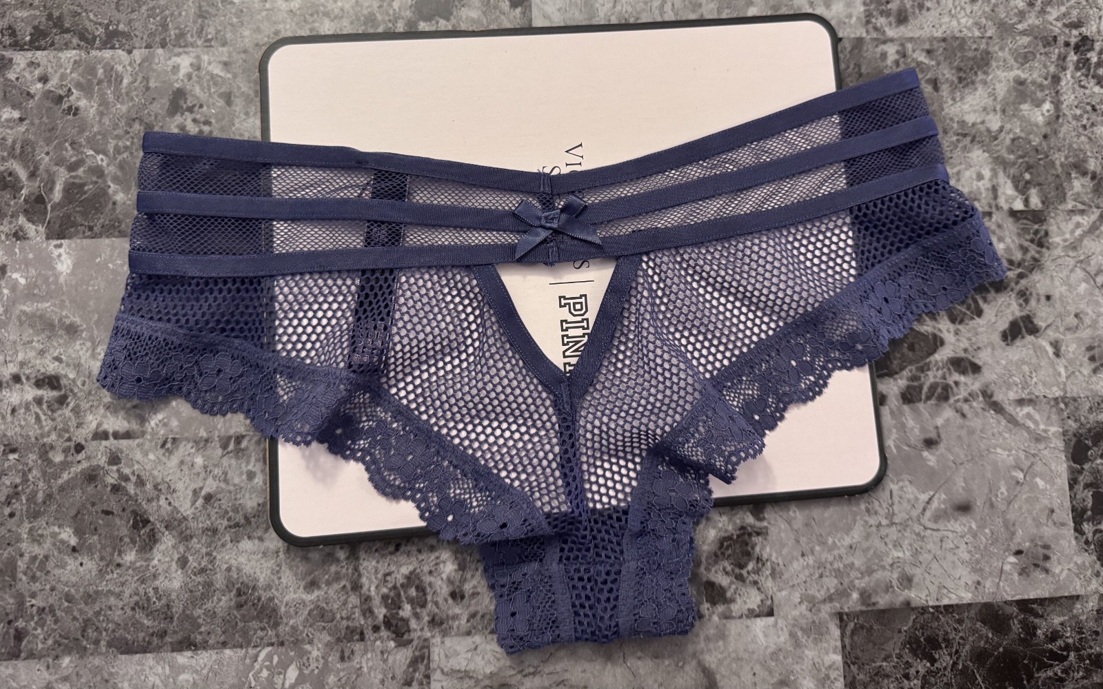 NWT VICTORIA’S SECRET S BLUE FISHNET NETTED MESH LACE CUTOUT RARE CHEEKY PANTIES
