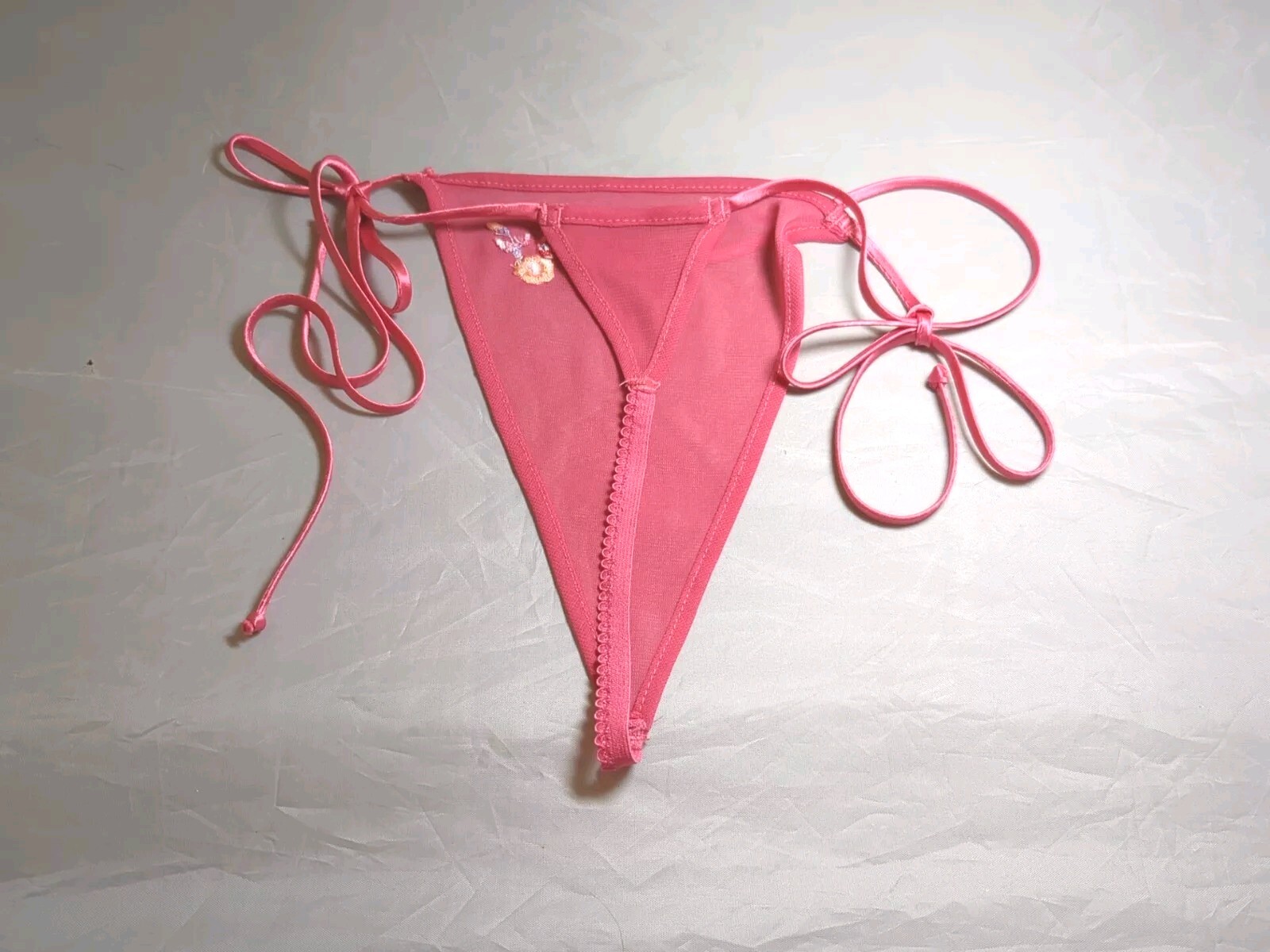 Vintage Hot Pink Sheer String Tie Panties Embroidered Flowers New Without Tags