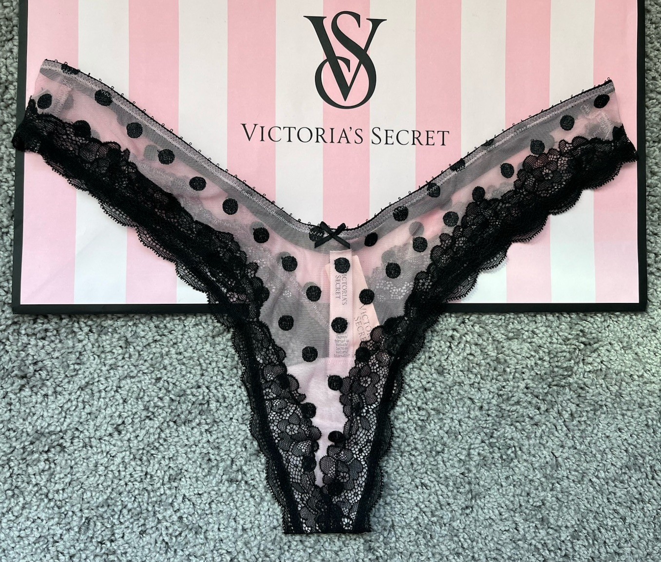L Victoria Secret Tease Sheer Pink Polka Dot Lace Trim High Leg Thong Panty NEW