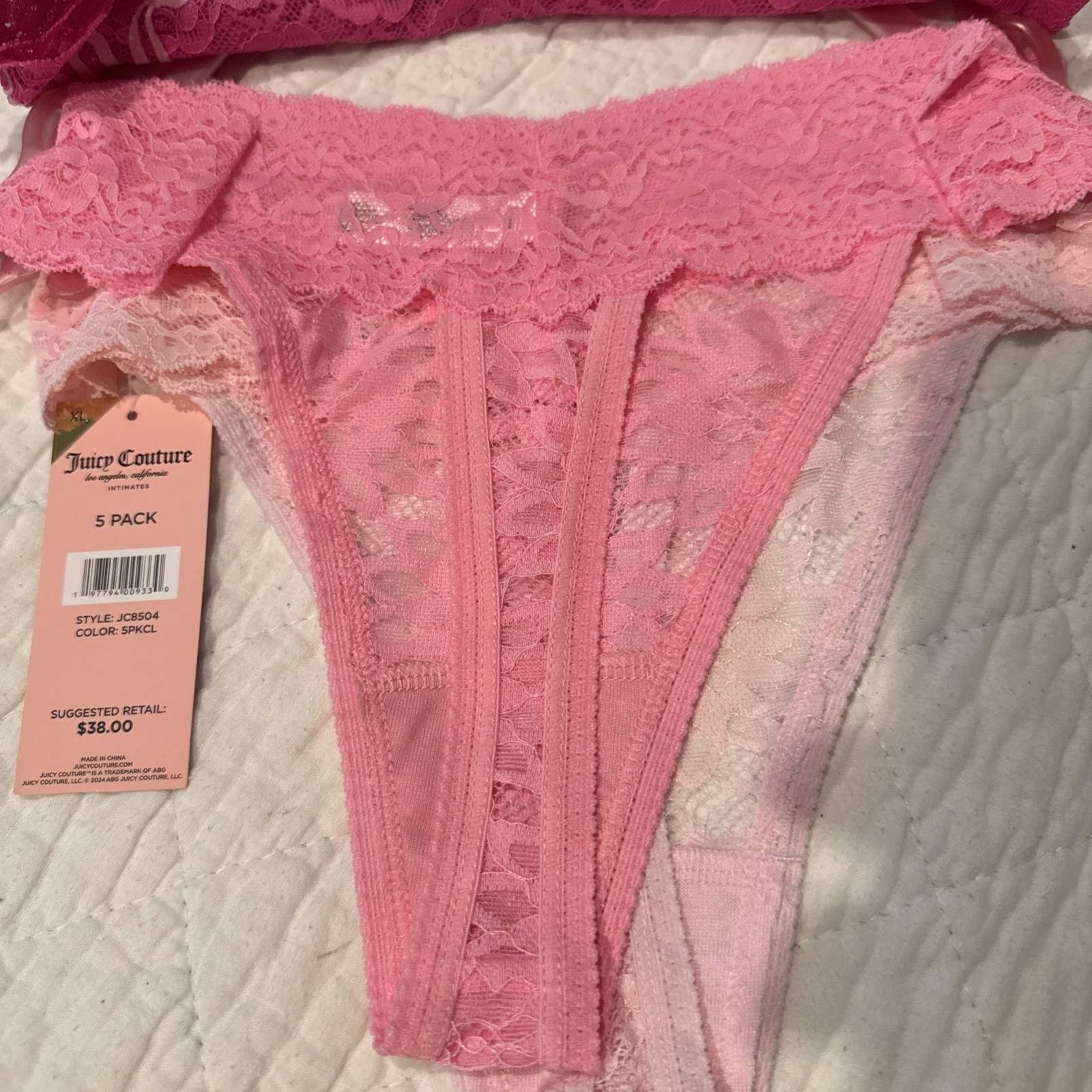 JUICY COUTURE INTIMATES 5 PACK THONG PANTIES NYLON SPANDEX SIZE XL LACE