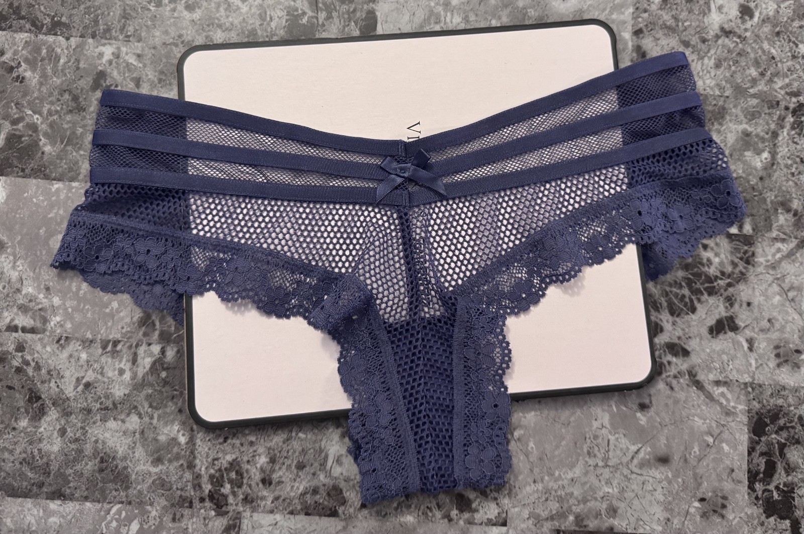 NWT VICTORIA’S SECRET S BLUE FISHNET NETTED MESH LACE CUTOUT RARE CHEEKY PANTIES
