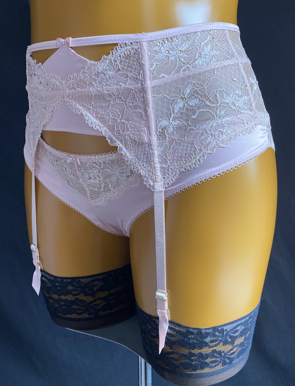Janet Reger Suspender & Panties Set, Pink Floral Lace & Satin, UK 12