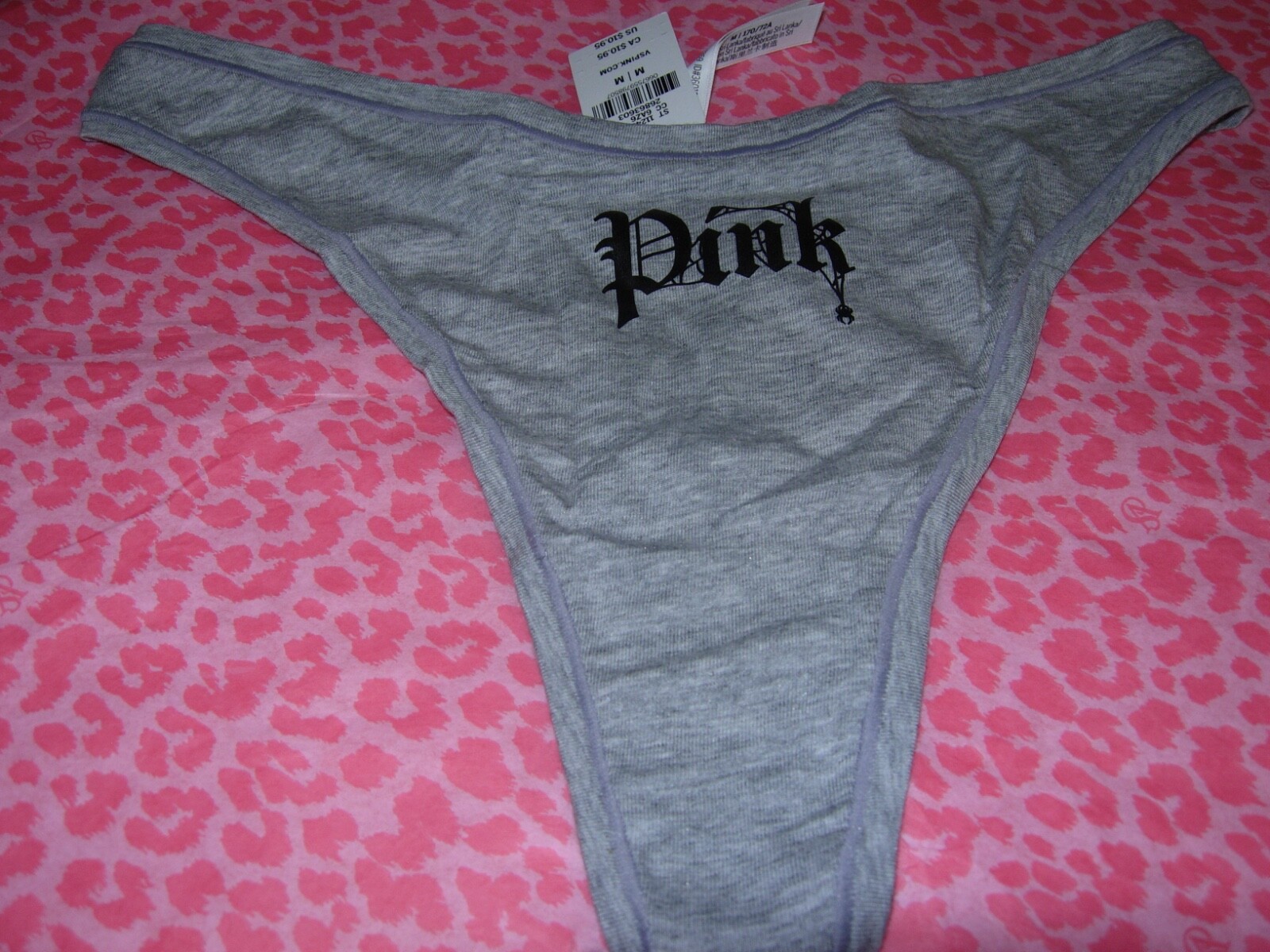 Victoria’s Secret Sexy PINK Thong String Gray Spider Web PINK Logo XSSMLXLXXL