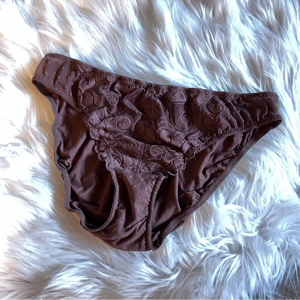 Brown Floral Lace Mesh Bikini Cut Panties