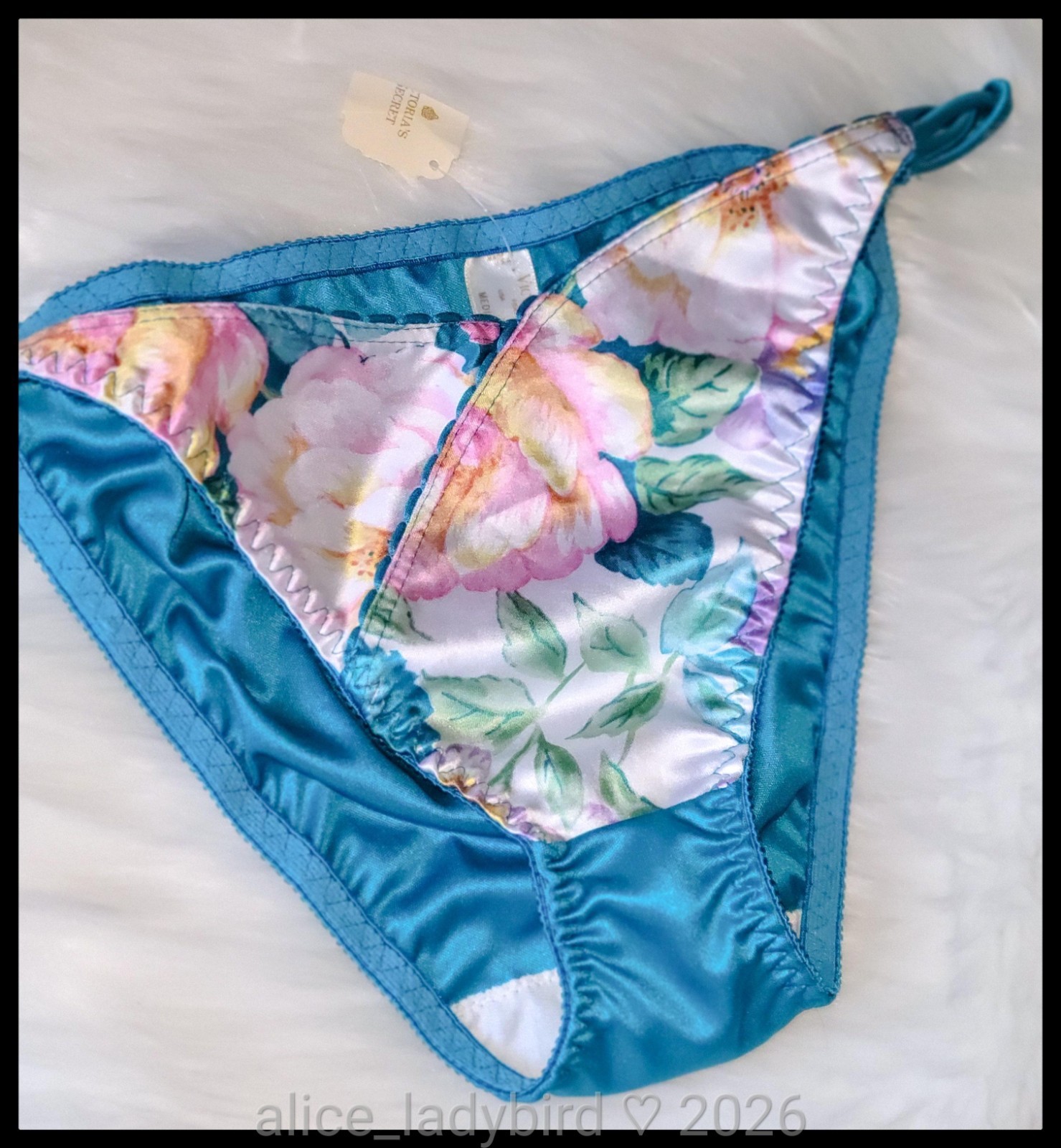 NWT Vintage VICTORIA’S SECRET String Bikini PANTIES Shiny Floral SATIN Brief M/6