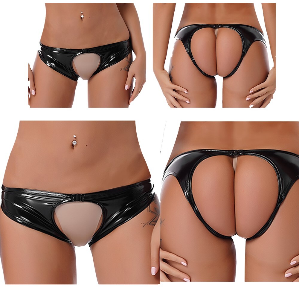 ~Women Panties Underpants Brief Crotchless Underwear Metallic Wet Look Bottoms