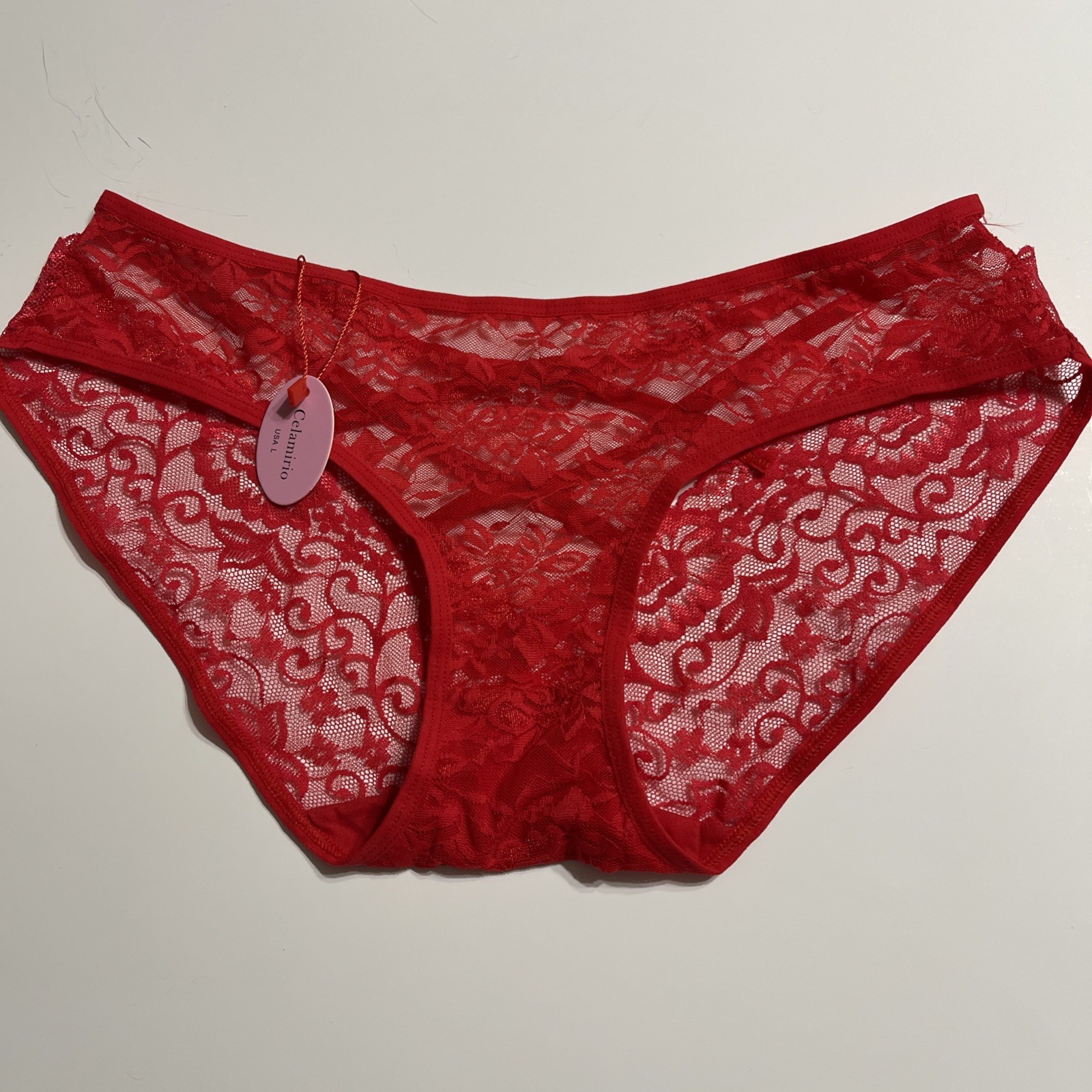 Celamiro Lace Bikini Panty Womens Large Red Sheer Floral Bow Detail NEW With Tag
