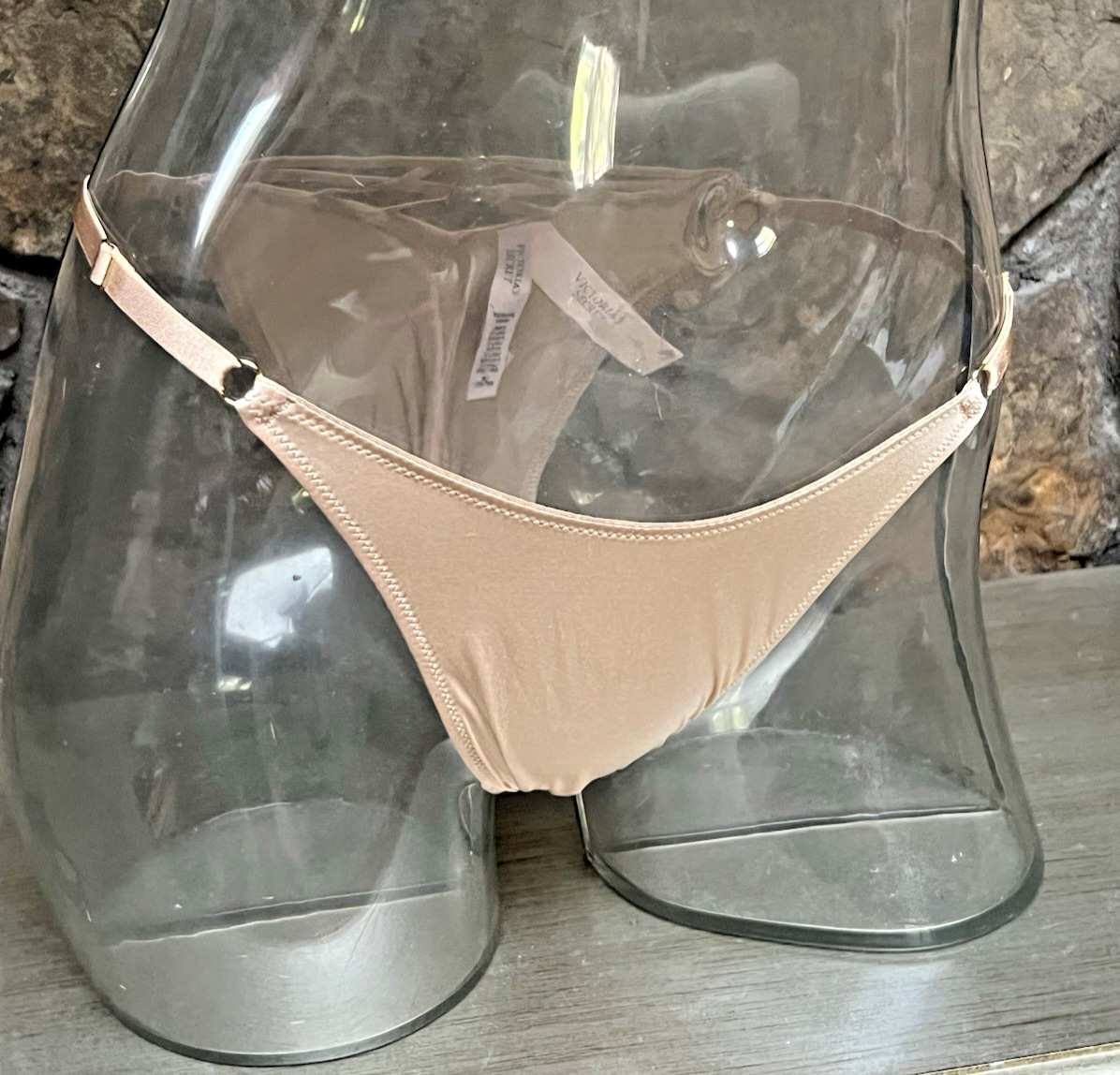 Victoria’s Secret Strappy Satin BRAZILIAN Panty Adjustable Waist Sz M BEIGE NWT