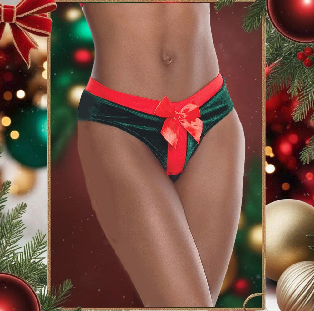 Green Velvet Present Panty Womens One Size OS Crotchless with Red Bow Underwear