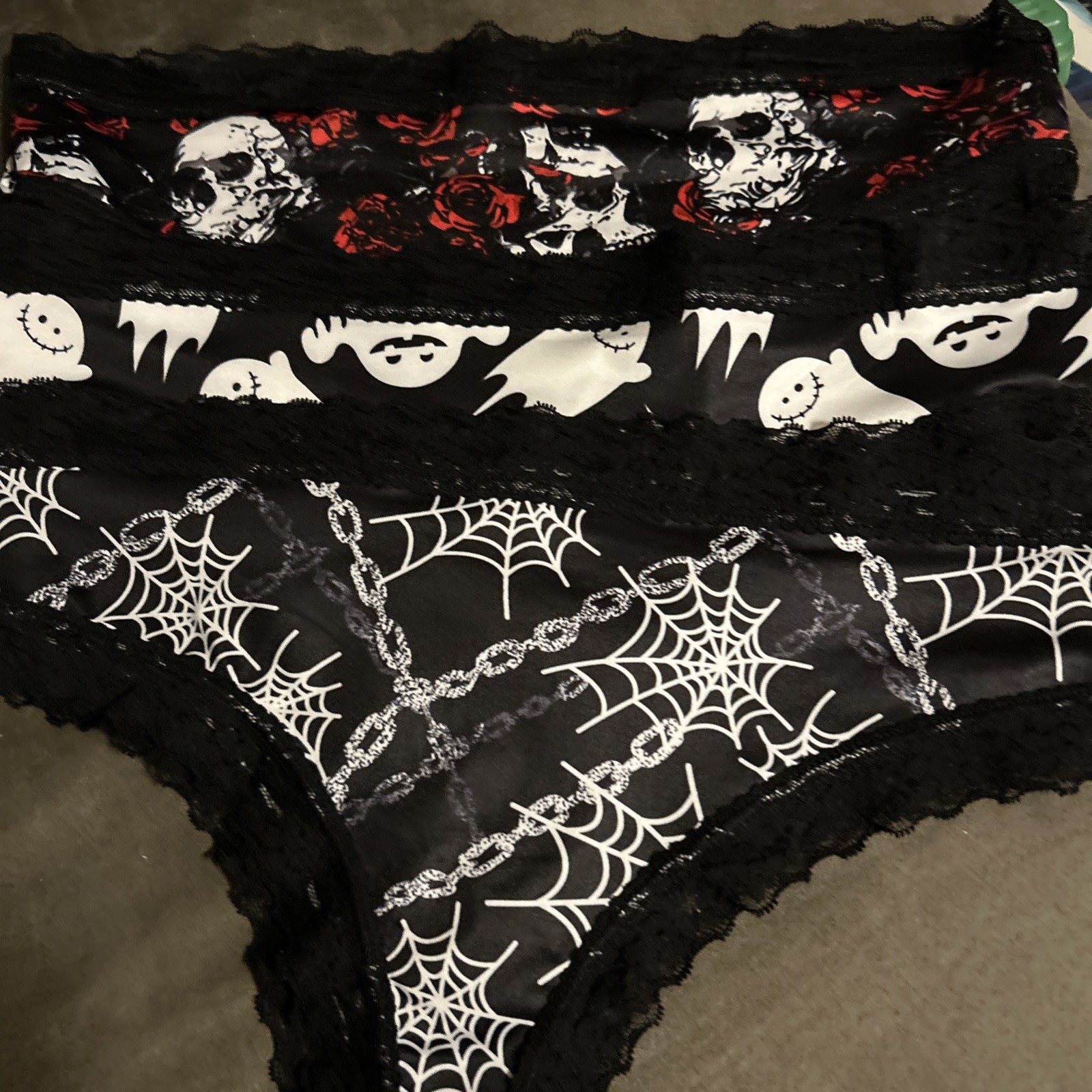 Morvia 3pk lace trim cheeky goth Emo panties L floral skull/ghost Web Lingerie