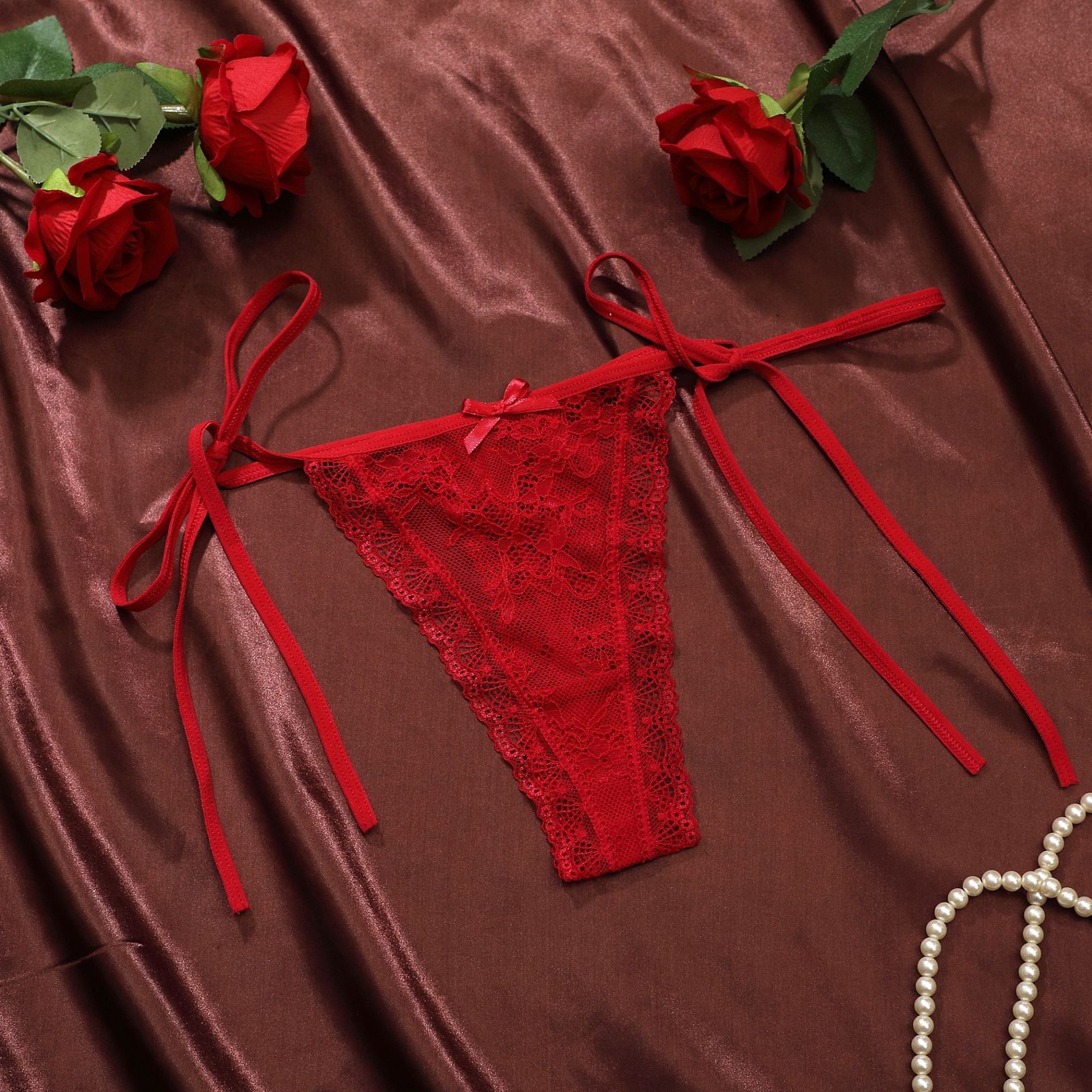 6pcs Women’s Plus Size Tie Side Thong G String Low Rise Lace Sheer Panty