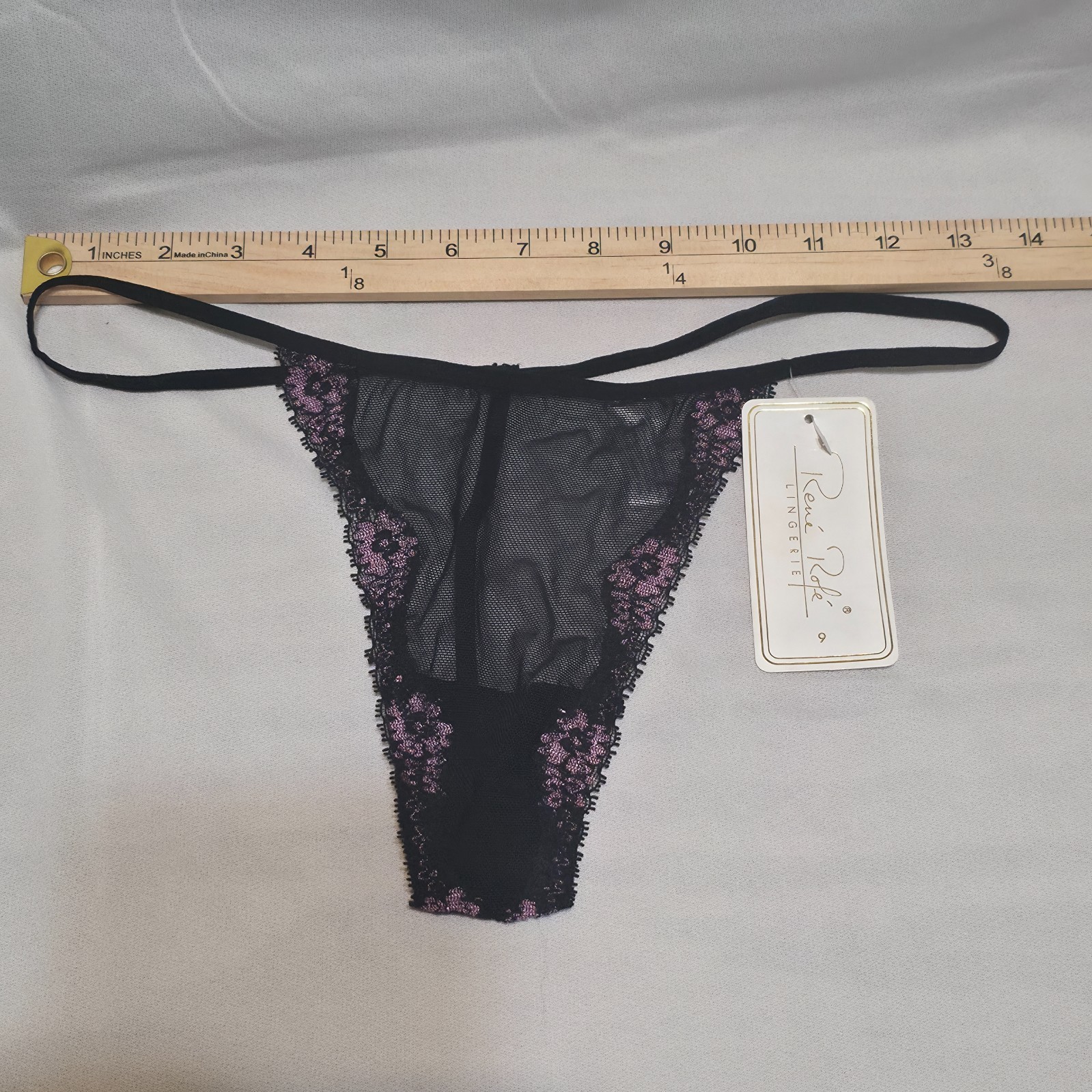 Rene Rofe Lingerie Black Sheer Thong Panties Underwear Size 9 NWT